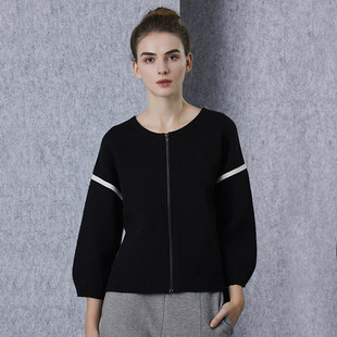 萌物 强缩美利奴羊毛黑白撞色针织外套