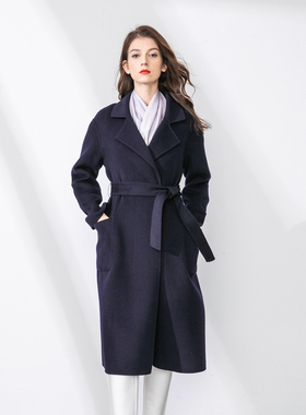 临渊藏蓝色翻领贴袋束腰纯羊毛双面长款大衣2023新款百搭毛呢外套