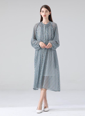 2024新款蓝色几何印花法式大摆桑蚕丝两件套连衣裙