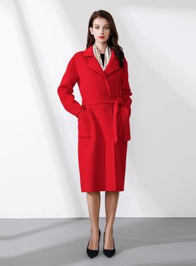赋楹 红色宽松长款纯羊毛双面呢大衣