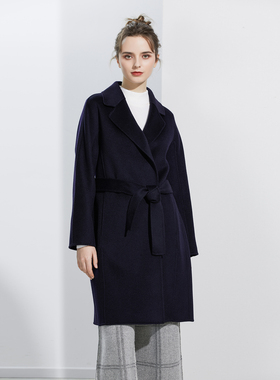 夜澜 藏蓝色纯羊毛水波纹双面呢中长款大衣