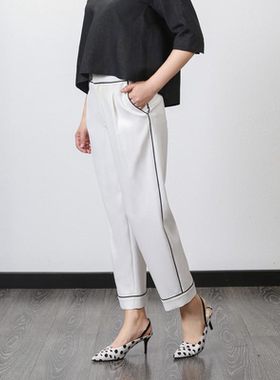 和光清爽白色撞色牙边女士休闲裤