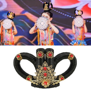 敦煌飞天乐鼓发包古风汉服舞蹈表演假发头饰儿童铃鼓演出配饰古装