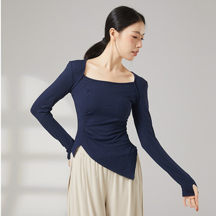 现代舞方领练功服女秋季长袖形体服上衣教师古典舞斜角演出舞蹈服