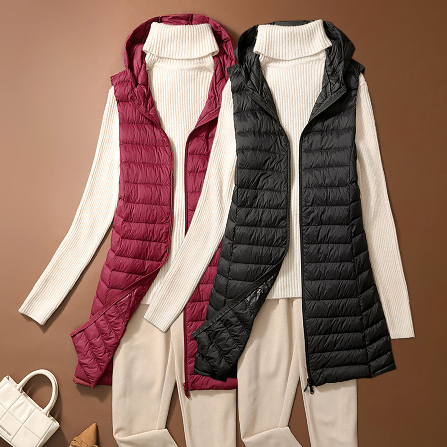 优单90白鸭绒轻薄款羽绒马甲女士中长款连帽韩版内搭背心外套冬季