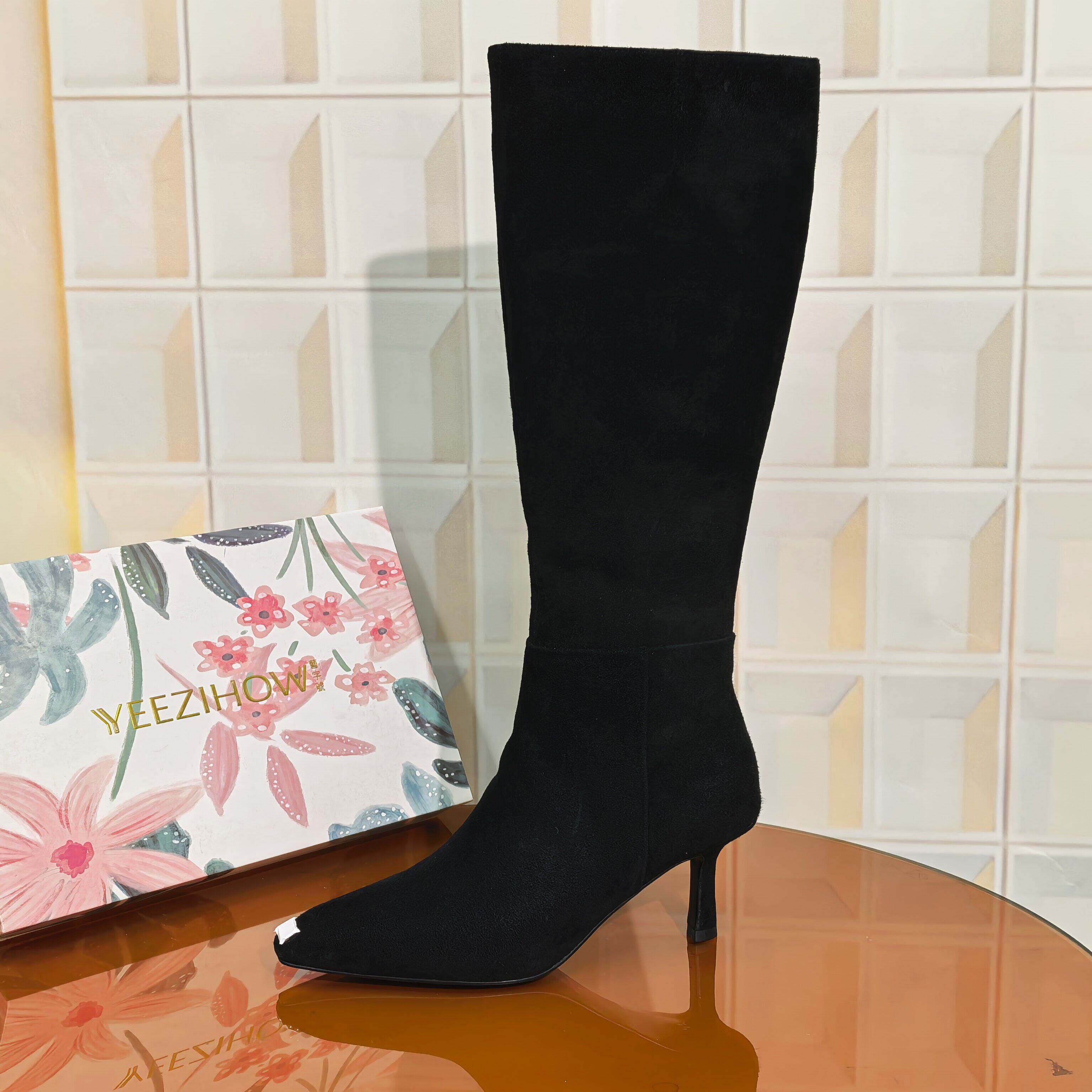 7014/5CM羊反绒清仓撤柜断码处理长靴高跟粗跟女靴秋冬时尚细跟女