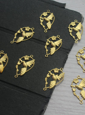 纯铜原色镂空栖鸟水滴18*33mm金黄色小鸟双吊耳饰坠子DIY金属饰品