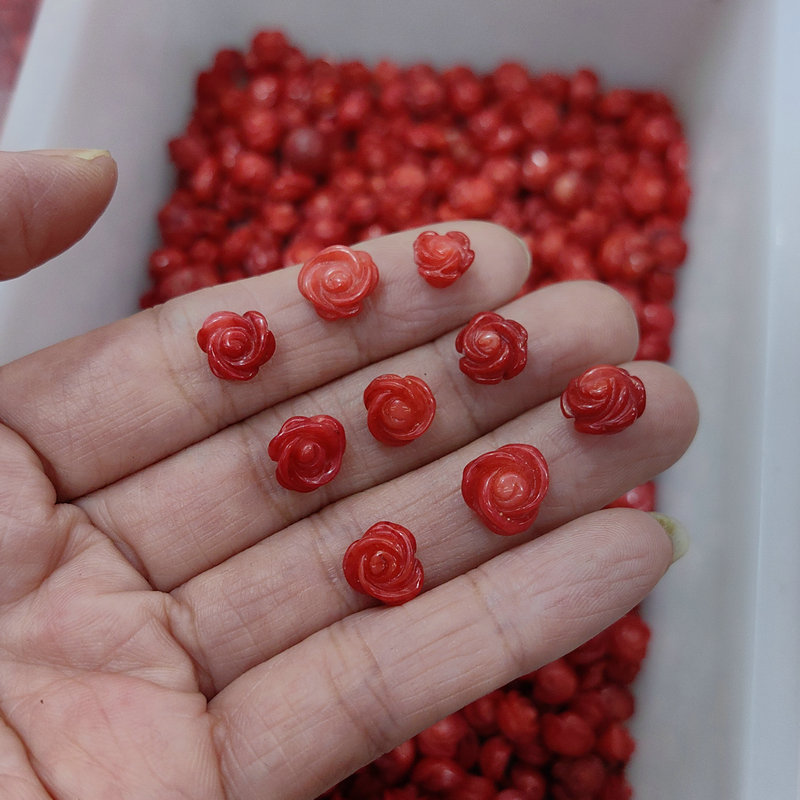 海竹仿珊雕刻玫瑰花红色半孔小花