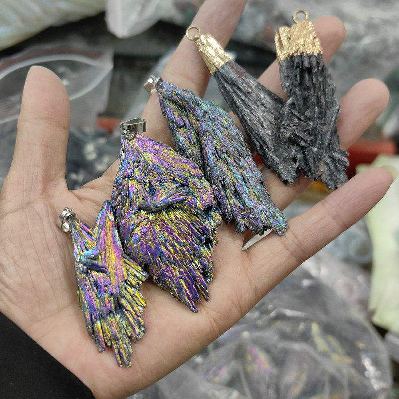天然黑碧玺原石镀彩似凤尾吊坠矿物奇石不死鸟尾翼羽毛火焰电气石