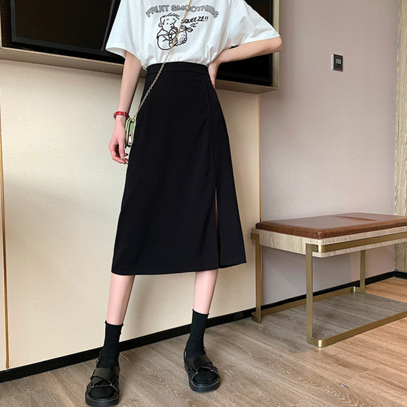 夏季薄款侧边开叉半身裙女宽松显瘦大码胖mm高腰a字中长款裙子潮