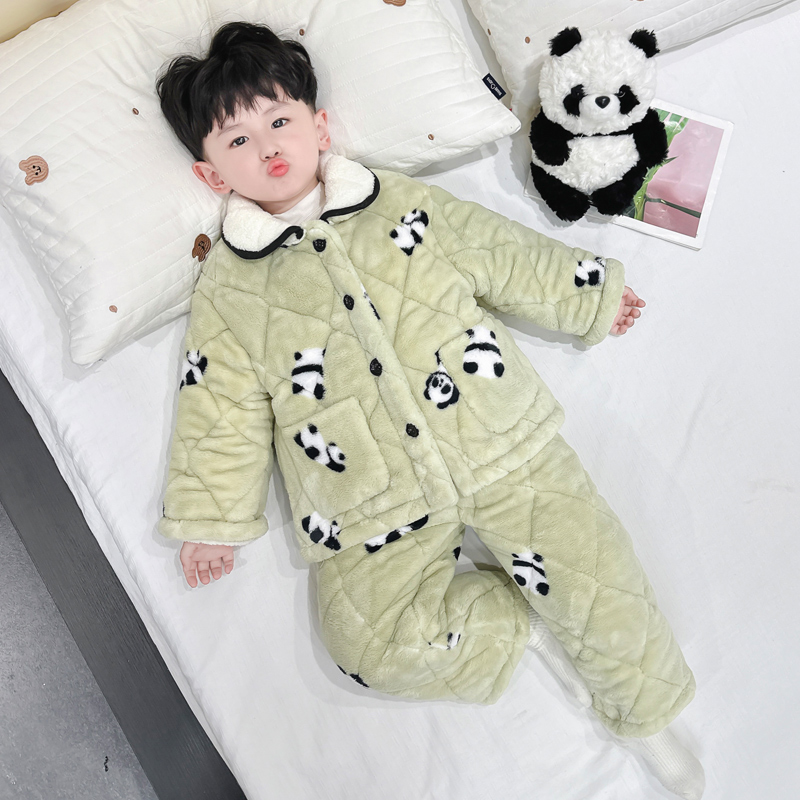 儿童冬季法兰绒熊猫三层绗棉套装