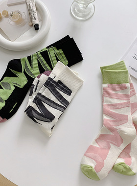 抽象曲线法式中筒袜秋冬季紫色线条丝带ins潮流网红个性复古棉袜