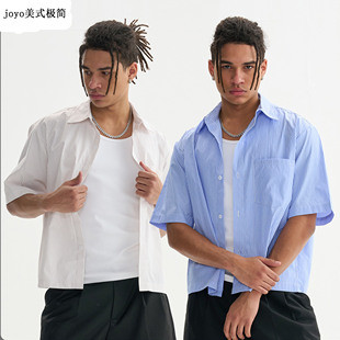 JOYO 美式Boxy短款宽版型蓝色条纹衬衫cleanfit慵懒短袖男轻薄t恤