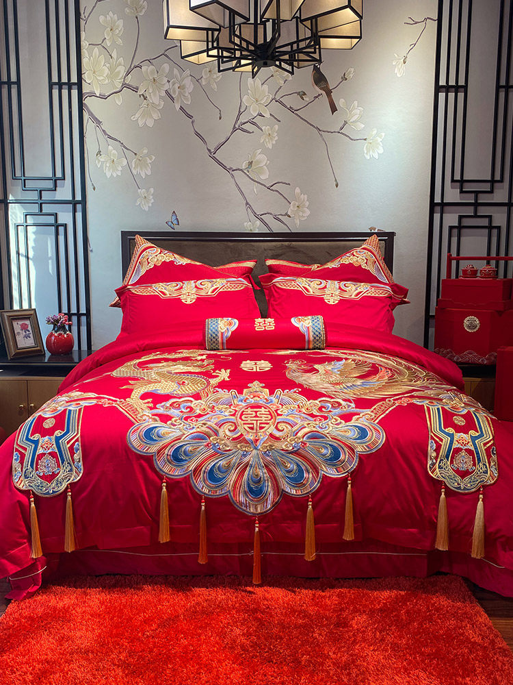 恒洽家纺婚庆全棉床单四件套纯棉龙凤床盖结婚被套床上用品红色