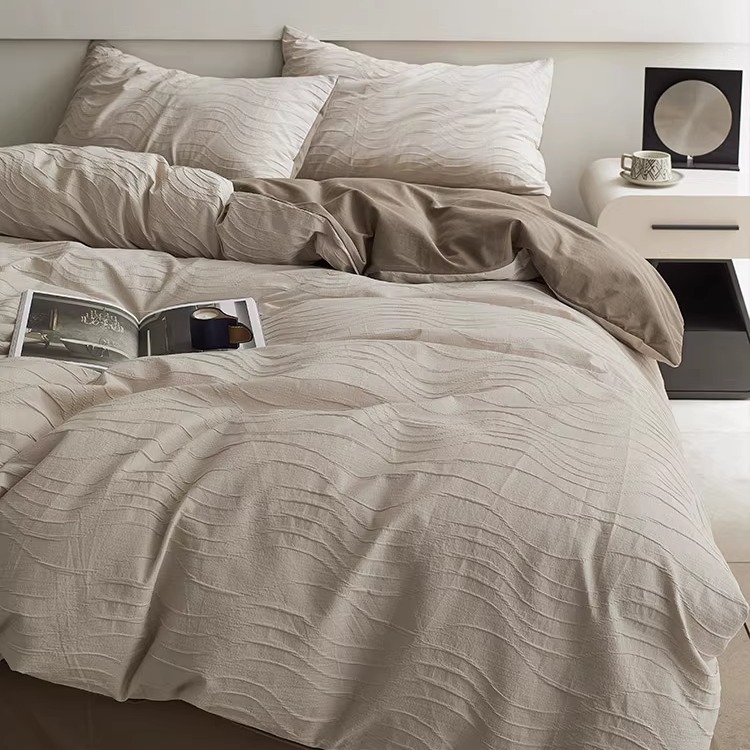 全棉纯棉曲线提花1.2m四件套简约高级感轻奢被套床笠床上用品灰色