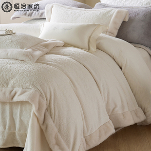 冬季 400G仿貂毛浮雕加厚四件套260G全消光奶芙绒保暖被套床品灰色