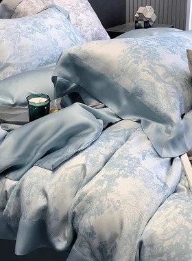 春夏莱赛尔纤维四件套轻奢印花凉感丝滑被套双人床上用品蓝灰色