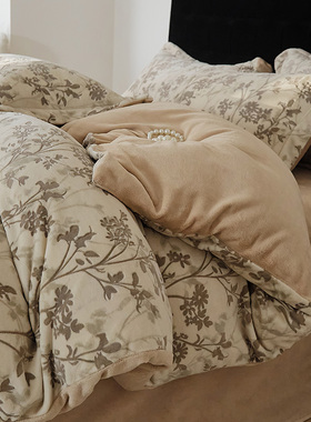 冬季加厚云芙绒四件套立体烂花保暖牛奶绒被套床上用品粉灰咖蓝色