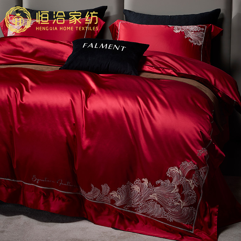 婚庆真丝棉锦锻床单四件套长绒棉轻奢刺绣被套床盖结婚床品红色