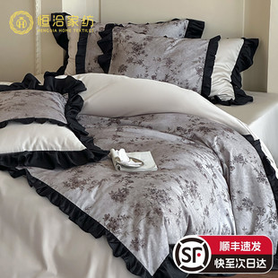 印花纯棉花边被套床单床上用品灰色 轻奢复古风长绒棉四件套数码