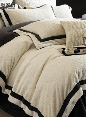 冬季230G全消光加厚牛奶绒四件套轻奢雕花保暖被套防静电床品紫色