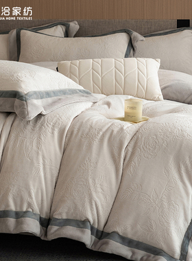 冬季A类加厚牛奶绒四件套轻奢高级感烂花保暖绒被套床上用品紫色