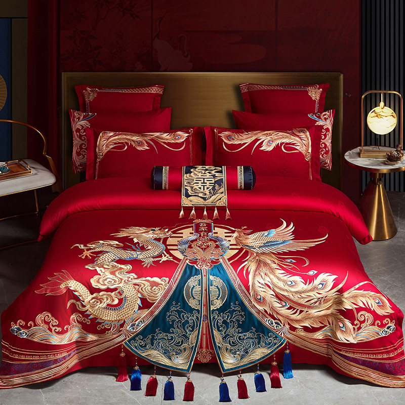 新中式龙凤刺绣全棉结婚四件套长绒棉纯棉婚庆红色被套床上用品