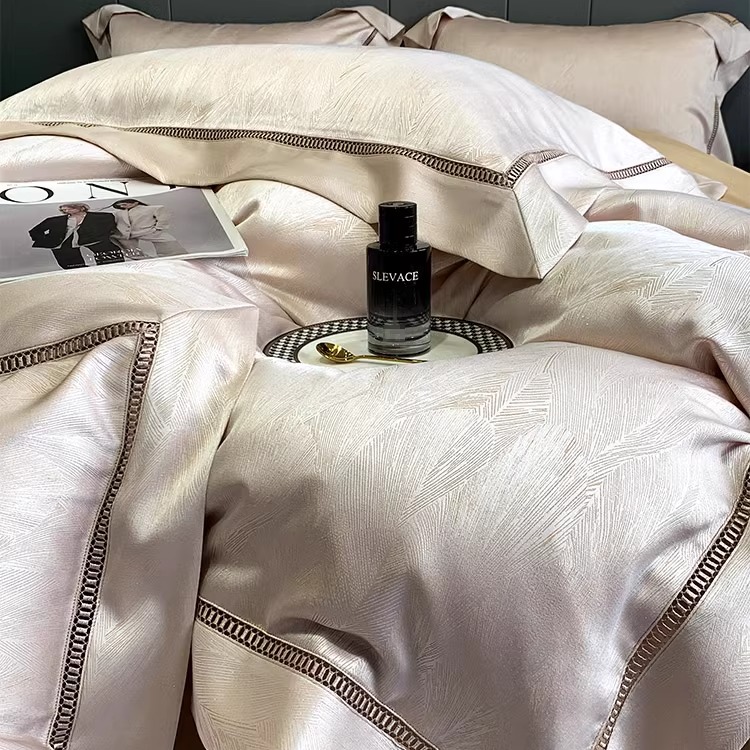 全棉纯棉床单四件套轻奢高端镂空提花高精密被套床上品香槟金灰色