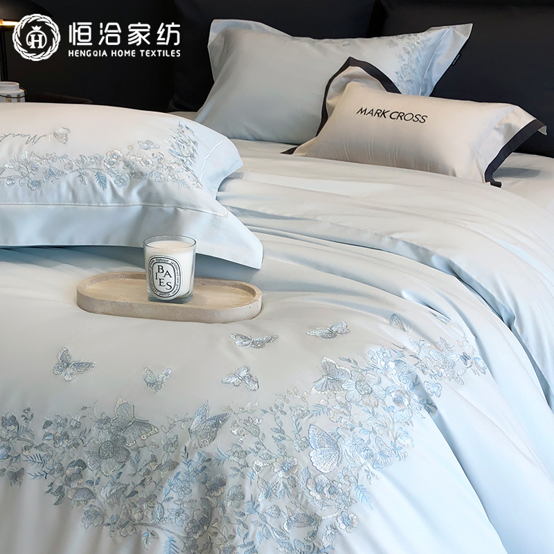 新款高级感新疆长绒棉四件套蝴蝶花卉刺绣轻奢全棉被套床品白蓝色
