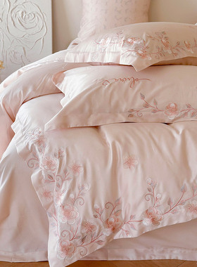 浪漫花卉超柔长绒棉四件套清新刺绣被套床单柔软床上用品粉红蓝色