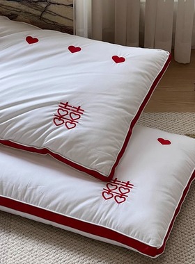 婚庆大红色全棉枕头单只纯棉喜字柔软护颈枕芯陪嫁家用婚嫁