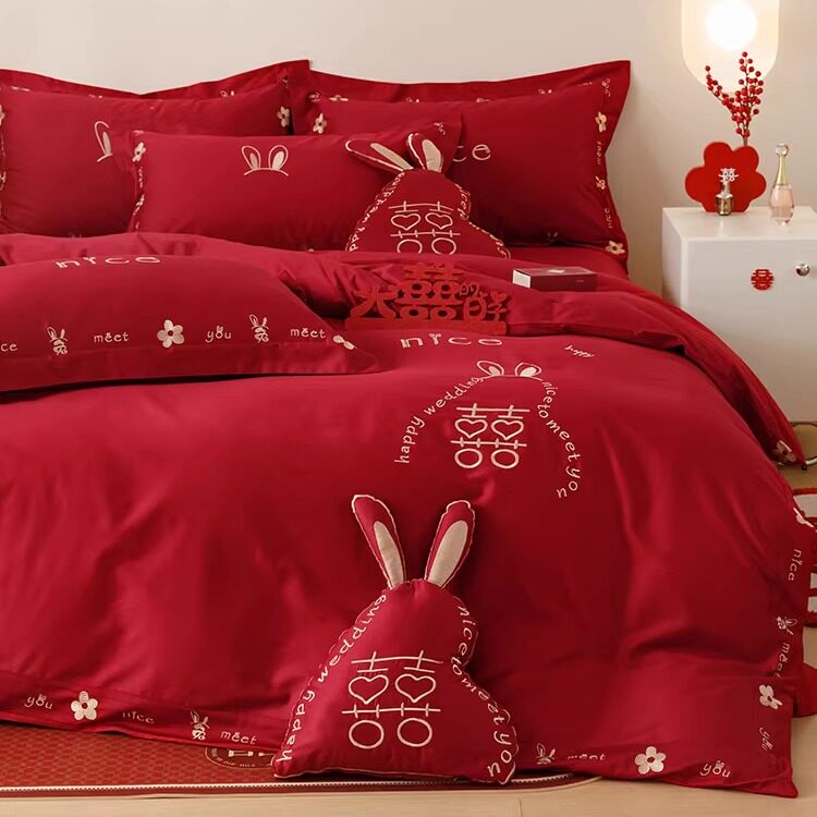 韩式婚庆新款长绒棉四件套卡通兔子刺绣红色纯棉被套结婚床品床笠