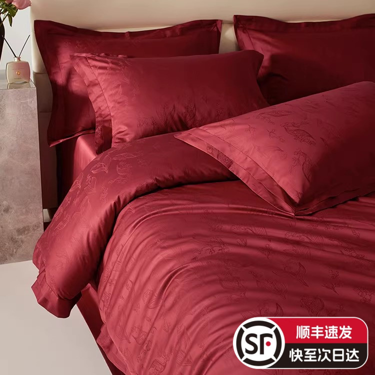 恒洽家纺婚庆全棉四件套匹马棉高端提花结婚红色被套喜嫁床上用品