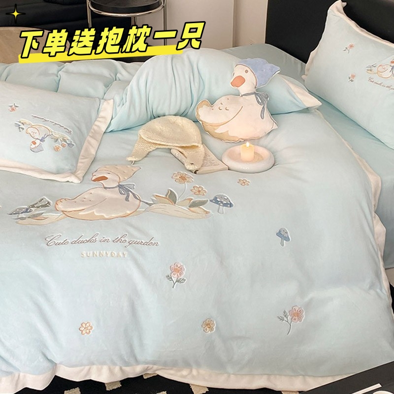 卡通风冬季加厚牛奶绒四件套