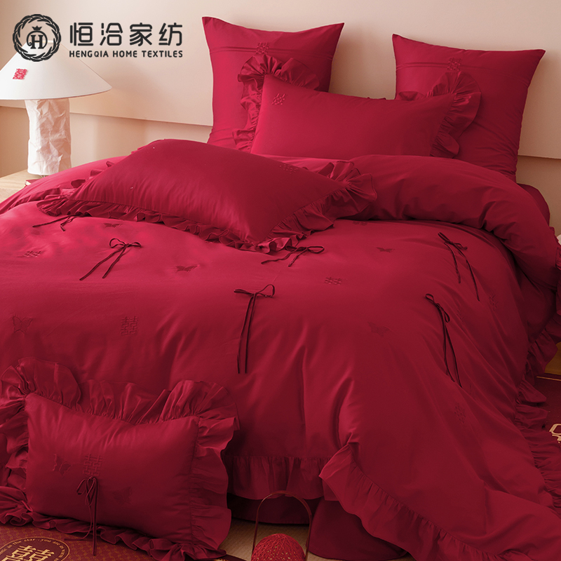 双喜刺绣贡缎长绒棉结婚四件套全棉喜嫁丝绒织带红色婚庆被套床品