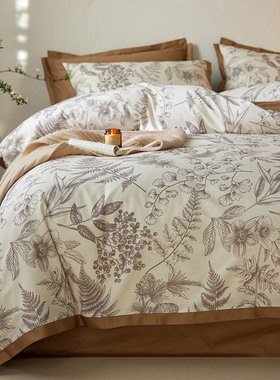 美式全棉长绒棉四件套复古花卉印花纯棉被套床品1.2床笠咖绿色