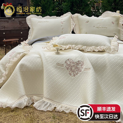 夏季凉感可水洗机洗凉席三件套法式床盖款可折叠防滑空调软席粉色