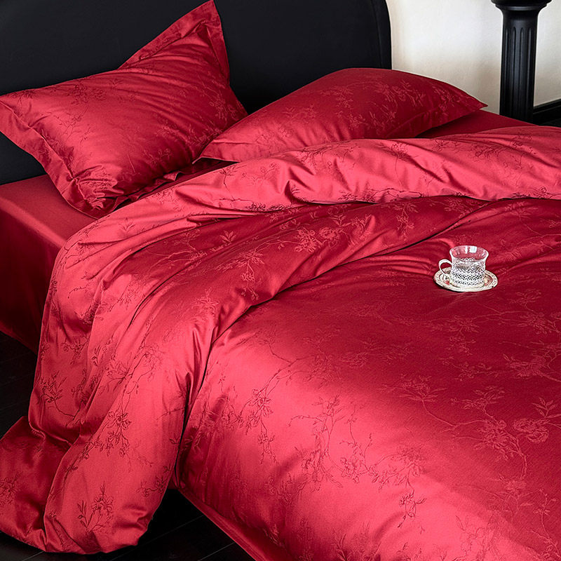 高级感婚庆长绒棉纯棉四件套轻奢风提花结婚被套床上用品喜嫁红色