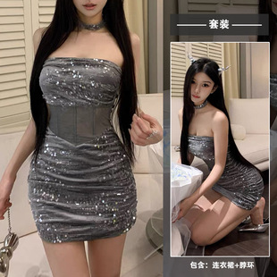 夏学姐新款亮片抹胸连衣裙性感纯欲风可外穿气质蕾丝小妈包臀短裙