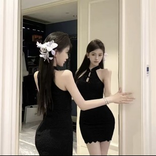 夏学姐新中式国风时尚套装蕾丝挂脖连衣裙性感包臀短裙带内衬旗袍