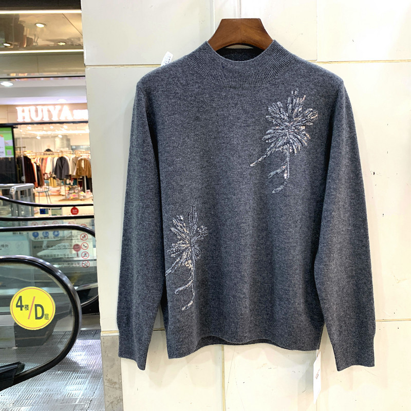 409-816欧洲站秋冬2025时尚半高领亮片刺绣针织衫羊绒羊毛衫毛衣