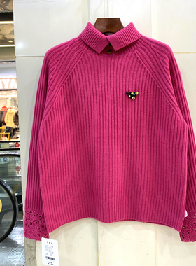 294-767欧洲站冬2025时尚气质翻领镂空花边袖山羊绒绵羊毛针织衫