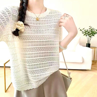 500 桑蚕丝减龄舒适上衣春夏2026 8801欧洲站百搭圆领镂空针织短袖