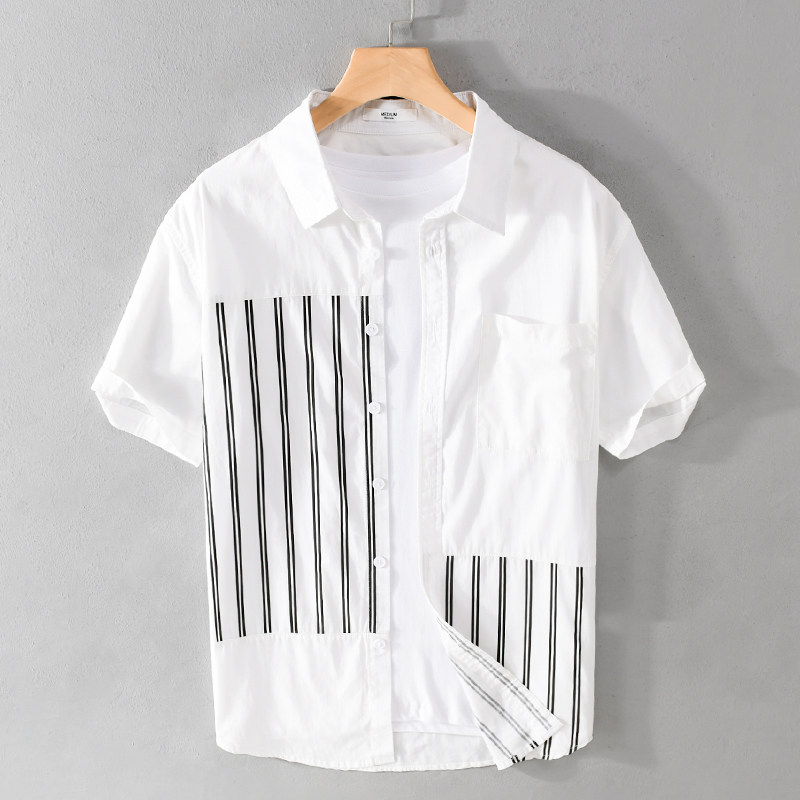 香港夏季新品男士纯棉短袖衬衫夏天薄款拼接印花条纹衬衣休闲宽松