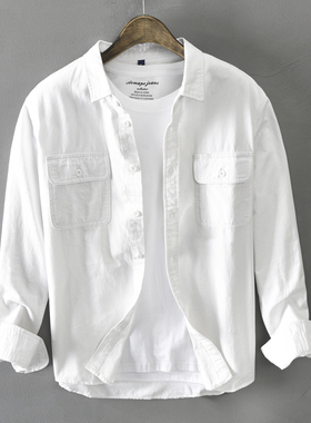 香港男士工装长袖衬衫白色纯棉衬衣外套男装春秋休闲外穿上衣服潮