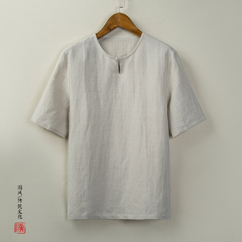 香港中国风男装复古风透气短袖宽松大码半袖青年夏季薄款棉麻料T