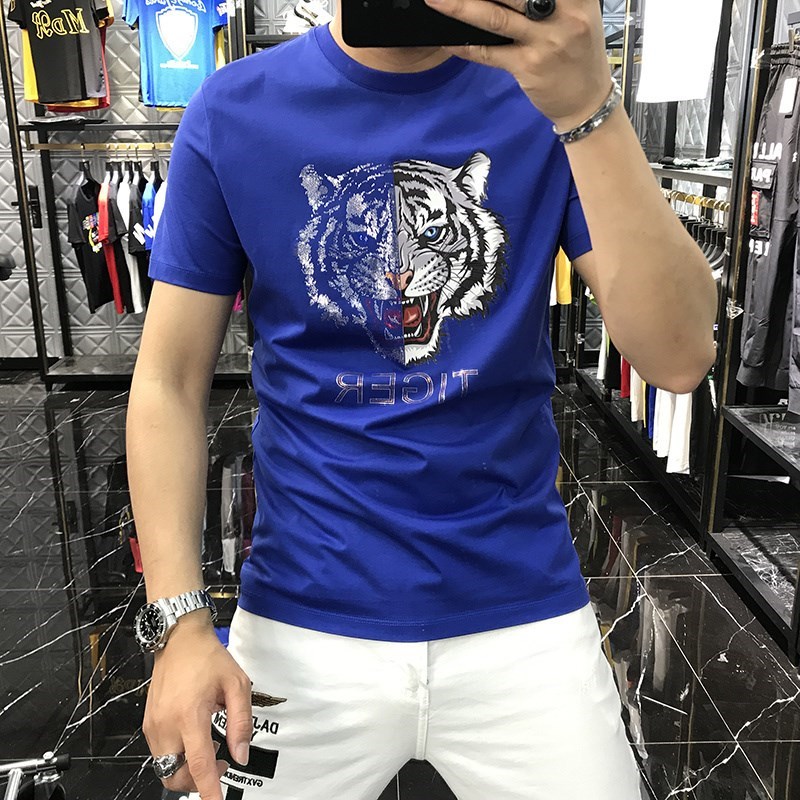 香港男士丝光棉短袖t恤夏季新款韩版潮流圆领烫钻虎头印花T恤男潮