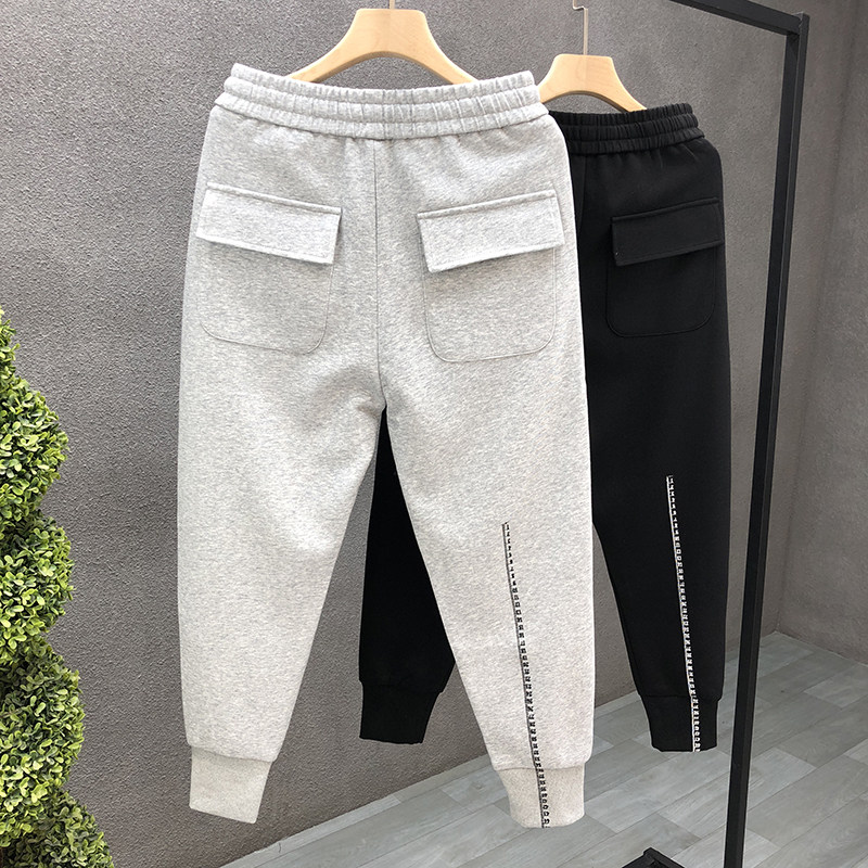 香港高品质秋冬加绒卫裤男运动休闲小脚裤子男士微宽松束脚长裤潮