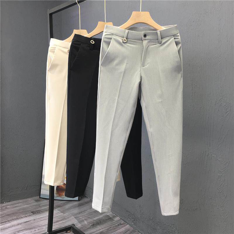 香港浅灰色休闲裤男装简约西裤春夏季九分裤修身男士商务工作裤子