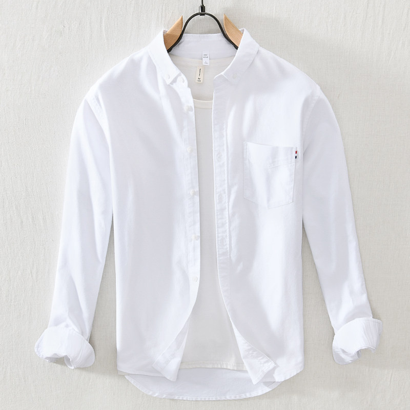 香港时尚休闲基础男士长袖衬衫白色纯棉上衣开衫衬衣方领宽松外套